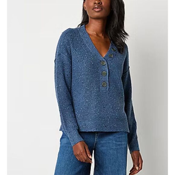 NWT a.n.a. Women’s 2X Sweater Y Neck Pullover Bijou Blue Drop Shoulder Stretch - Picture 1 of 16
